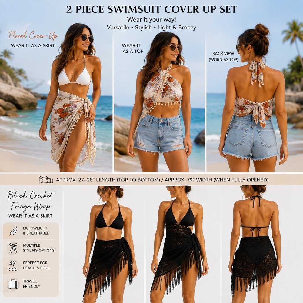 2pc Swim Cover Up Set Floral Sarong Black Crochet Fringe Wrap Skirt
